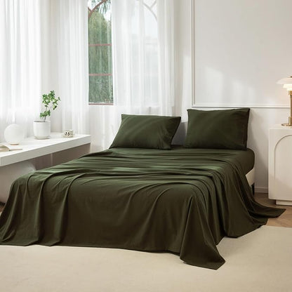 JIYUAN Twin Size Sheet Set, 3-Piece - 100% Washed Cotton, Linen-Like Soft & Breathable, Includes Deep Pocket Fitted & Flat Sheet with 1 Pillowcases, Hotel Quality, Solid Olive Green