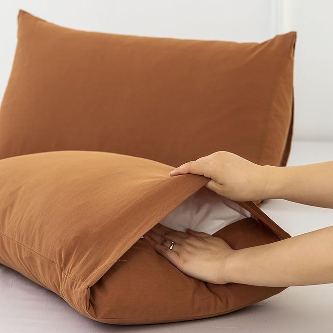 MooMee Bedding Pillowcases Pack of 2 100% Washed Cotton Linen Like Textured Breathable Durable Soft Comfy (Solid Dark Orange, Standard)