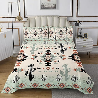 Manfei Geometric Aztec Kid Bedspread King Size,Horseshoe Cactus Western Cowboy Coverlet Set,Boys Girls Room Decor,Southwest Rustic Lodge Quilted Coverlet,Farmhouse Vintage Bedding Quilt,2 Pillowcases