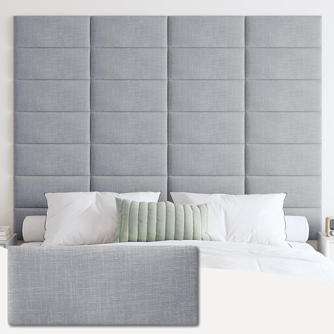 IFNOW Wall Mounted Headboard, Peel and Stick Panels, Light Grey, King | 3D Soundproof Acoustic Padding, Reusable and Removable Tufted fabric Bed Headboard for bedroom (12 Panels, 10" x 24")