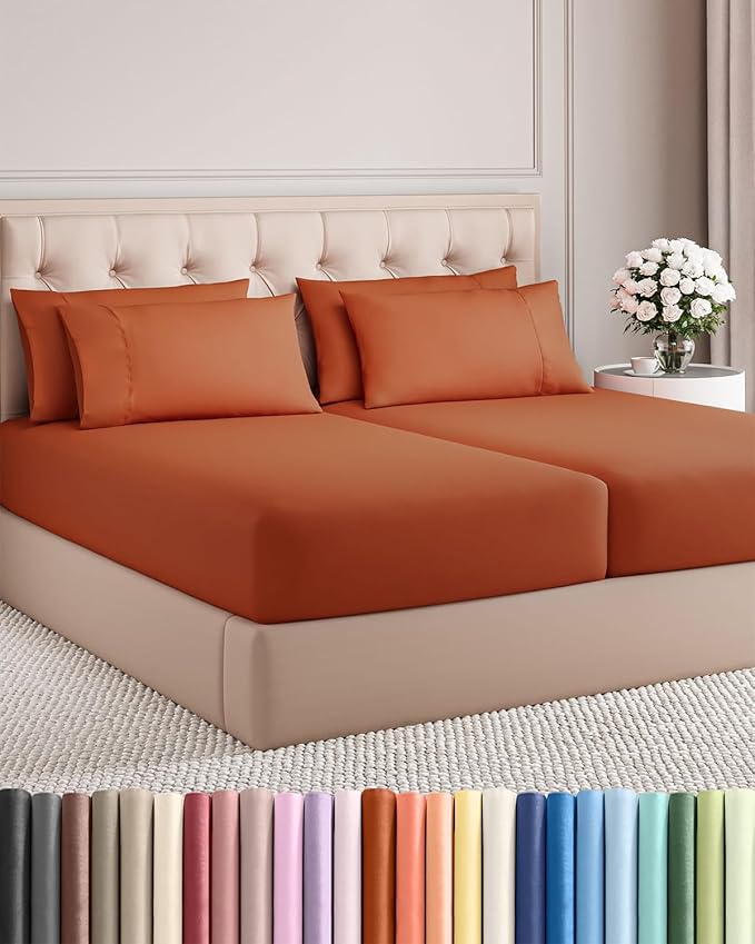 Split King 7 Piece Sheet Set - Comfy Breathable & Cooling - Soft Hotel Luxury Bedding Set with 8-16 Inch Deep Pockets - 1 Flat & 2 Fitted Sheet & 4 Pillowcases - Wrinkle Free & Easy Care - Terracotta