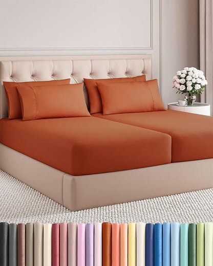 Split King 7 Piece Sheet Set - Comfy Breathable & Cooling - Soft Hotel Luxury Bedding Set with 8-16 Inch Deep Pockets - 1 Flat & 2 Fitted Sheet & 4 Pillowcases - Wrinkle Free & Easy Care - Terracotta