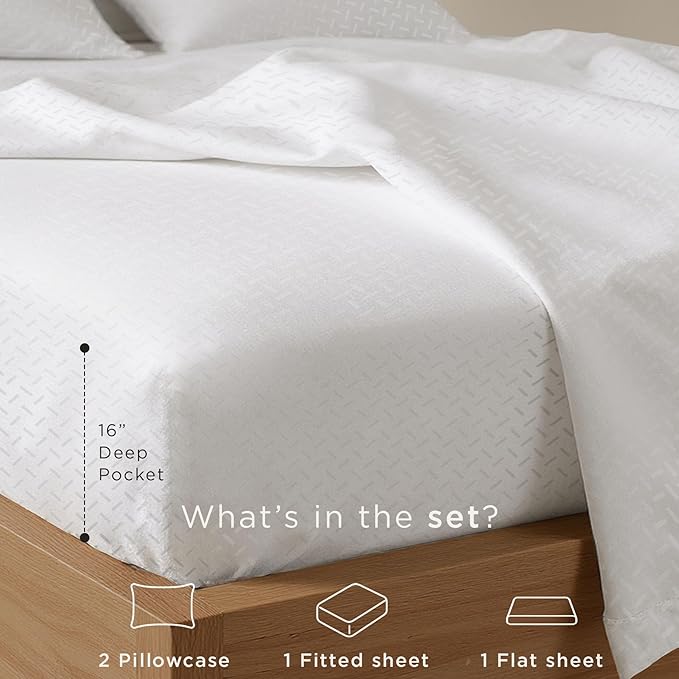 Threadmill 100% Cotton Sheets for King Size Bed | 4 Pc King Bed Sheets Set | Soft, Breathable Lightweight Damask Sateen for All-Season Use | Snug Fit Elastic Deep Pocket King Sheets | White