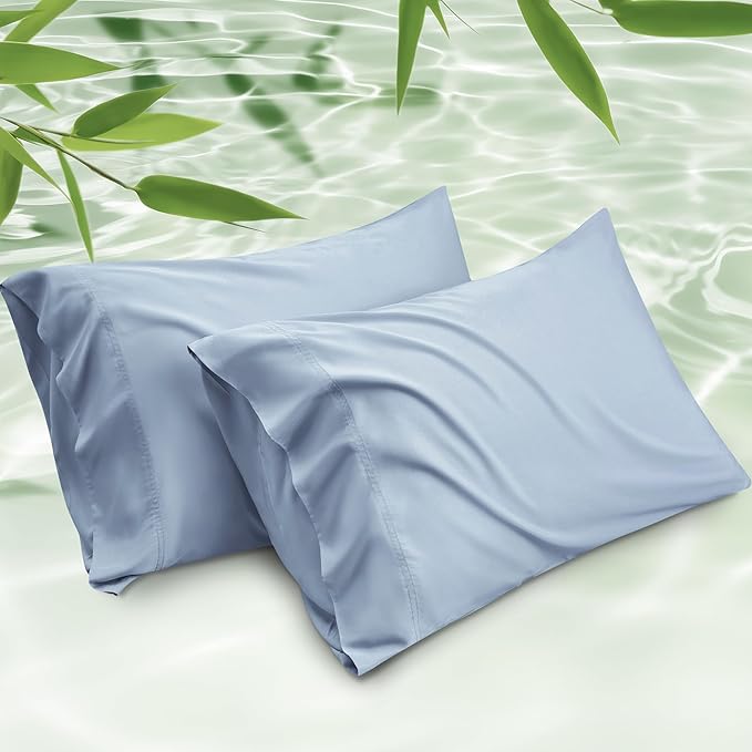 Bedsure Pillow Cases Standard Size, Cooling Pillow Cases, Rayon Derived from Bamboo Light Blue Pillowcases Standard Set of 2, PureWoven Silky Soft Pillow Cover with Envelope Closure, 20x26 Inches