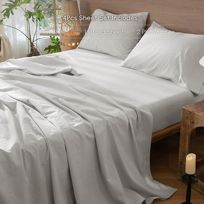 MooMee Bedding Sheet Set 100% Washed Cotton Linen Like Textured Breathable Durable Soft Comfy (Solid Light Blueish Grey, Queen)