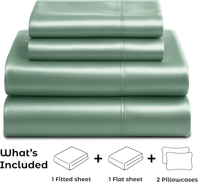 Satin Sheets King [4-Piece, Champagne Green] Hotel Luxury Silky Bed Sheets - Extra Soft 1800 Microfiber Sheet Set, Wrinkle, Fade, Stain Resistant - Deep Pocket Fitted Sheet, Flat Sheet, Pillow Cases