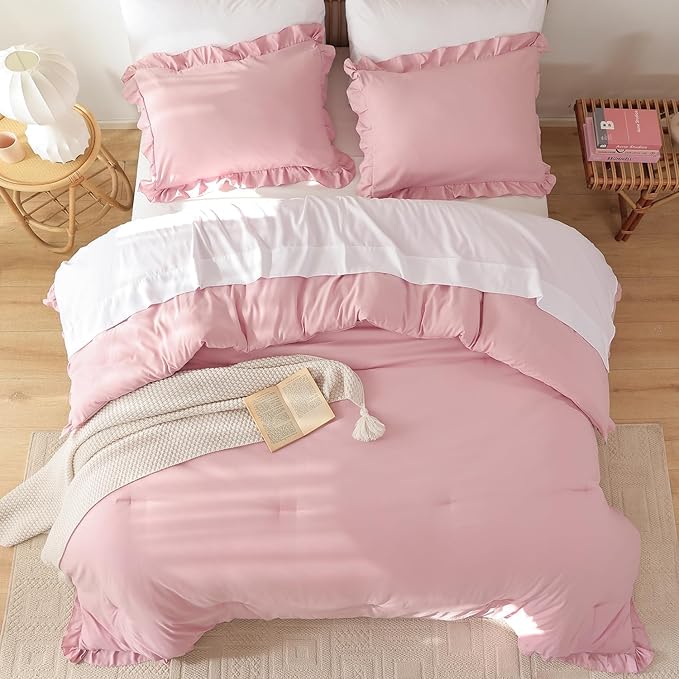 JANZAA Full Comforter Set Baby Pink Ruffle Comforter with 2 Pillowcase Soft Full Size Bed Set Vintage Farmhouse Bed Comforter Set Fluffy Shabby Chic Bedding for All Season