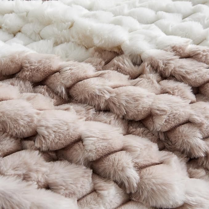 Petrichor Fluffy Queen Comforter Set - Taupe and White Striped Faux Fur Blanket for Queen Bed, Ultra-Soft Warm Bedding for Winter & Fall, Cozy 3 Piece Bed Set (1 Comforter & 2 Pillowcases)