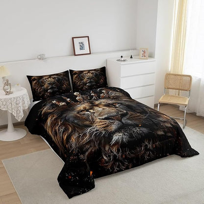 Castle Fairy 3D Lion Comforter Set Queen Size Wild African Animal Bedding Set Bedroom Decor Golden Glitter Crown Quilt Set Comfortable and Breathable Luxury Black Duvet Insert with 2 Pillowcases
