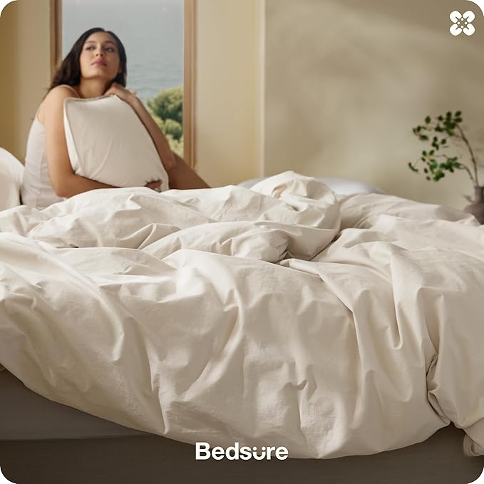 Bedsure Cotton Duvet Cover Full - Luxury Slub Weave 100% Cotton Duvet Cover Set, PureWoven Bedding Set with a Linen Like Textured, Easy Change, Ivory, 80" x 90"