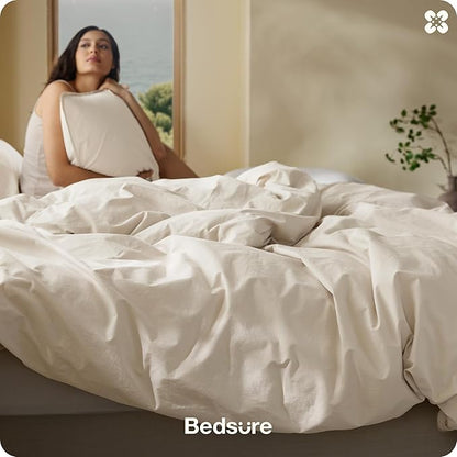 Bedsure Cotton Duvet Cover King - Luxury Slub Weave 100% Cotton Duvet Cover Set, PureWoven Bedding Set with a Linen Like Textured, Easy Change, Ivory, 104" x 90"