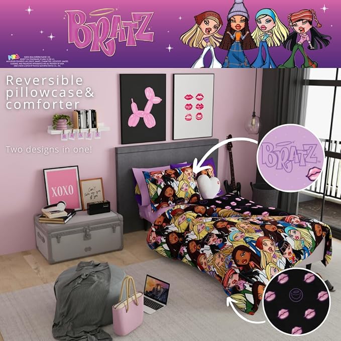 Bratz Fashion Bedding 5 Piece Super Soft Reversible Comforter and Sheet Set with Sham, Twin, (100% Official Licensed Product) by Franco