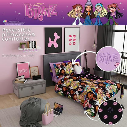 Bratz Fashion Bedding 5 Piece Super Soft Reversible Comforter and Sheet Set with Sham, Twin, (100% Official Licensed Product) by Franco