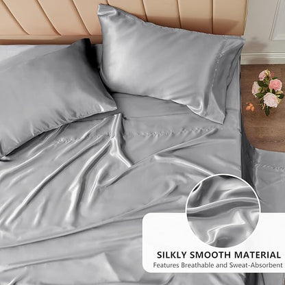 CozyLux Satin Sheets Twin XL Sheets - 3 Piece Silky XL Twin Sheet Set, Luxury Extra Long Light Grey Sheet with Smooth and Soft Microfiber, Includes 1 Fitted Sheet, 1 Flat Sheet and 1 Pillowcase