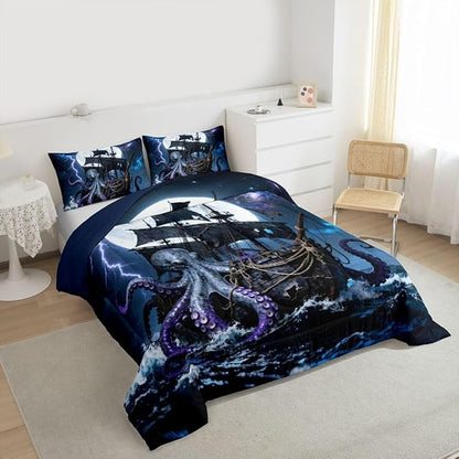 Castle Fairy Octopus Pirate Ship Comforter Set Toddler Size 2 Pcs,Moon Lightning Galaxy Night Sky Bedding Sets for Kids Teens Adults,Wild Sealife Ocean Sailing Quilted Comforter with 1 Pillowcase