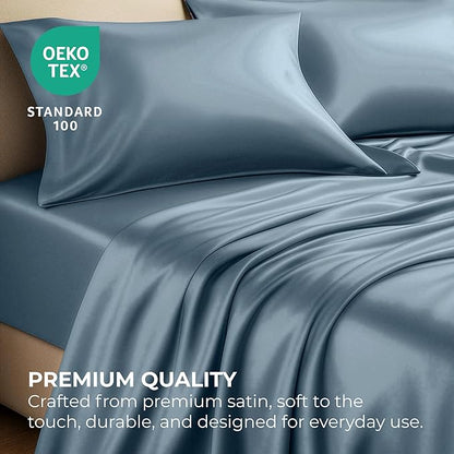 Pure Bedding Satin Sheets Twin [3-Piece, SkyBlue] Hotel Luxury Silky Bed Sheets - Extra Soft 1800 Microfiber Sheet Set, Wrinkle, Fade, Deep Pocket Fitted Sheet, Flat Sheet, Pillow Cases