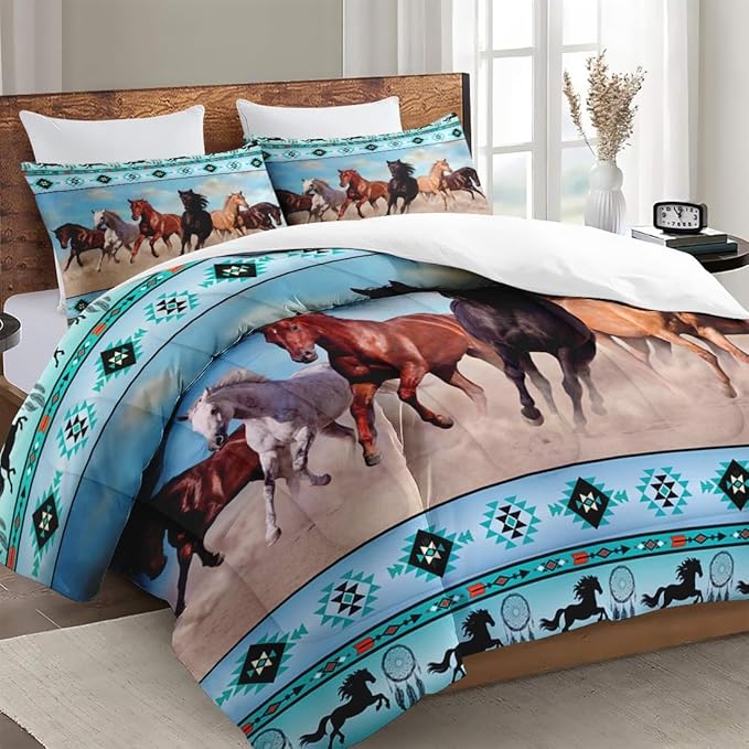 Full Size Comforter Set with 2 Pillowcases, Horses Desert Animal 3 Pcs Bedding for Kids and Adults, Tribal Farm Sunset Run Soft Comforter Set for Bedroom Bed Decor