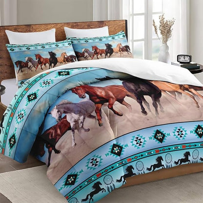 Queen Size Comforter Set with 2 Pillowcases, Horses Desert Animal 3 Pcs Bedding for Kids and Adults, Tribal Farm Sunset Run Soft Comforter Set for Bedroom Bed Decor