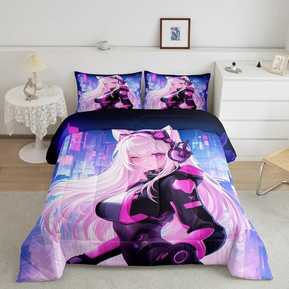 Erosebridal Full Anime Girl Comforter Set 3 Piece, Kawaii Japanese Anime Bedding Set Cartoon Girl Bedding Comforter Sets Sci Fi Style Japanese Animation Quilt for Kids Girls Teens Adult Room
