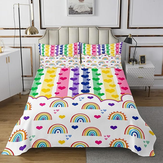 Manfei Cute Rainbow Kids Bedspread King Size,Watercolor Love Heart Dreamy Coverlet Set,Girls Women Room Decor,Colorful Geometric Stripes Patchwork Quilted Coverlet,Chic Bedding Quilt,2 Pillowcases