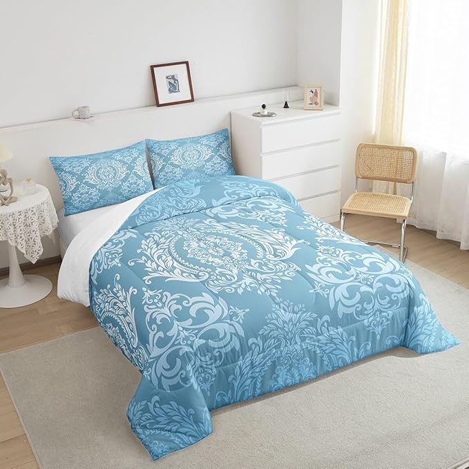 Feelyou Adults Blue Vintage Damask Floral Comforter Set Oriental Antique Comforter Full Size Gothic Bohemia Boho Floral Bedding Set Bohemian Exotic Duvet Set Quilt Set 3Pcs