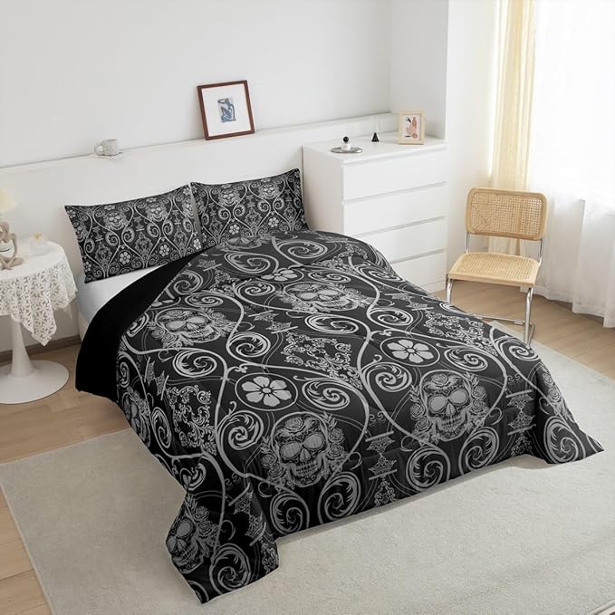 Feelyou Adults Grey Vintage Damask Floral Comforter Set Oriental Antique Comforter Full Size Exotic Sugar Skull Rose Bedding Set Gothic Bohemia Boho Duvet Set Quilt Set 3Pcs