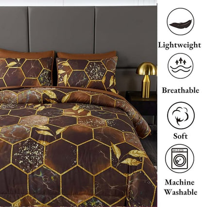ANGIYUIN Brown Gold Comforter Sets King Size, Geometric Hexagon Bedding Sets, 7 Pieces Marble Comforter Honeycomb Bed in A Bag, Foil Print Bed Sets for Women Men(Brown, King)
