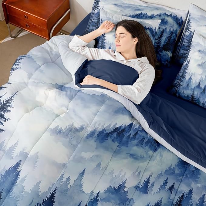 Erosebridal Blue Misty Forest Queen Bedding Set 7 Piece Mountain Foggy Woodland Bed in A Bag with Sheets Rustic Pine Tree Comforter Set for Kids Adults,Watercolor Nature Theme Bed Sets