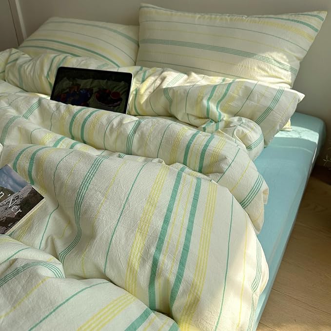 EAVD Vintage Striped Comforter Set King Soft Cotton 3-Piece Boho Bedding Set with 2 Pillowcases Retro Yellow-Green Vertical Stripes Geometric Comforter Set for All-Season