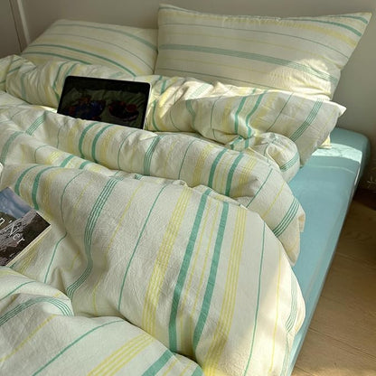 EAVD Vintage Striped Comforter Set King Soft Cotton 3-Piece Boho Bedding Set with 2 Pillowcases Retro Yellow-Green Vertical Stripes Geometric Comforter Set for All-Season