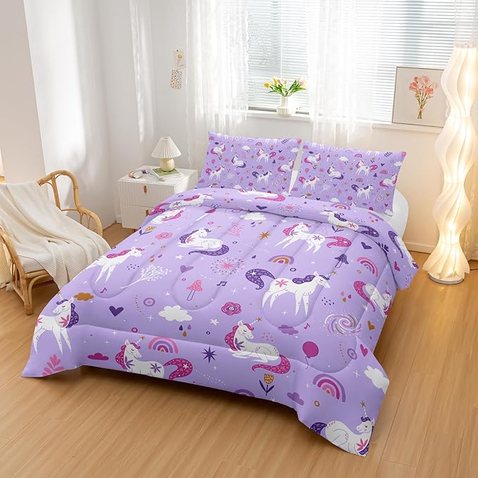 Unicorn 3 Piece Bedding Set King Size-Purple 3 Pieces Bedding Set for Kids, Unicorn Girls Comforter Set, Rainbow Clouds Star Quilt Set (1 Comforter 2 Pillowcase), All Seasons