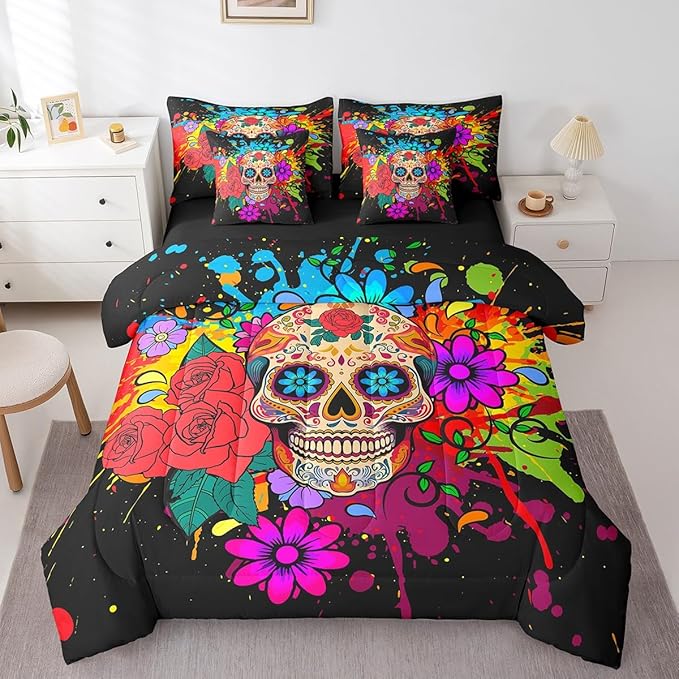 Erosebridal Goth Sugar Skull 7 Piece Comforter Set Full Bed in a Bag,Rainbow Tie Dye Bedding Sets Bohemian Flowers Sheet Set with Comforter
