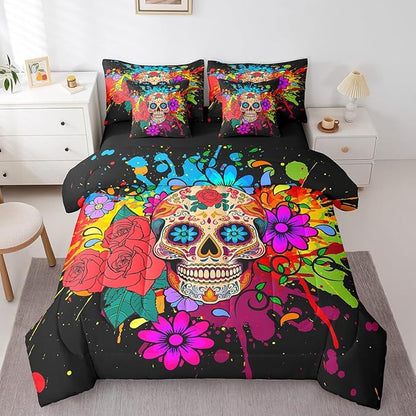 Erosebridal Goth Sugar Skull 7 Piece Comforter Set Full Bed in a Bag,Rainbow Tie Dye Bedding Sets Bohemian Flowers Sheet Set with Comforter