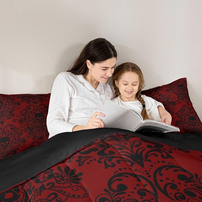 Feelyou Adults Gothic Skull Bedding Set Twin Size Kids Damask Print Comforter Goth Bohemian Duvet Breathable Soft Lightweight Microfiber Black Red Room Decor with 1 Pillowcase