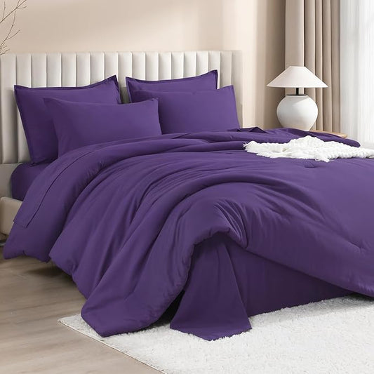 Litanika Comforter Queen Size Set Purple - 7 Pieces Bed in a Bag Queen Bedding Comforter Sets, Plain Lightweight Bed Set with Comforter, Sheets, Pillowcases & Shams