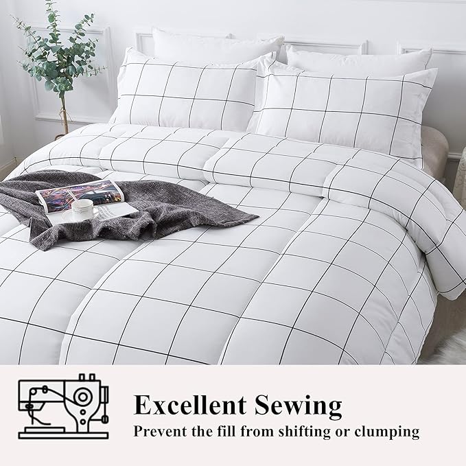Andency White Grid Comforter Set King(104x90Inch), 3 Pieces (1 Plaid Comforter and 2 Pillowcases) White Plaid Comforter Set, Lightweight Polyester Gingham Geometric Comforter Bedding Set