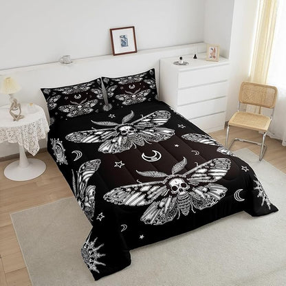 Feelyou Boys Boho Moth Comforter Set Toddler Size Men Gothic Skull Bedding Set for Girls Women Bedroom Decor Bohemian Moon Star Comforter Moth Skull Skeleton Bones Duvet Set Teens Quilt Set