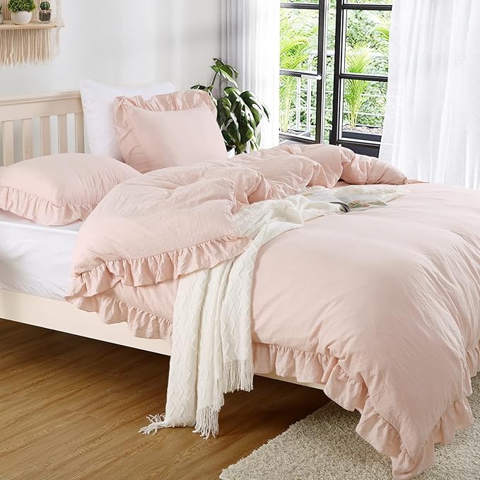 Ruffle Duvet Cover King Size, 3PCS Soft Washed Microfiber Vintage French Country Duvet Cover Set with Button Closure, Pink, 104x90 in
