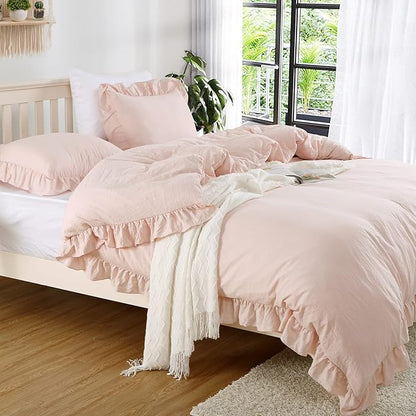 Ruffle Duvet Cover King Size, 3PCS Soft Washed Microfiber Vintage French Country Duvet Cover Set with Button Closure, Pink, 104x90 in