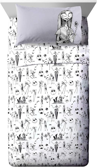 Jay Franco Kids Sheet Set with Fitted, Flat Sheets & Pillow Cover - Ultra-Soft Bedding with Pillowcase for Room Decor, White - Nightmare Before Christmas, 4 Piece Full