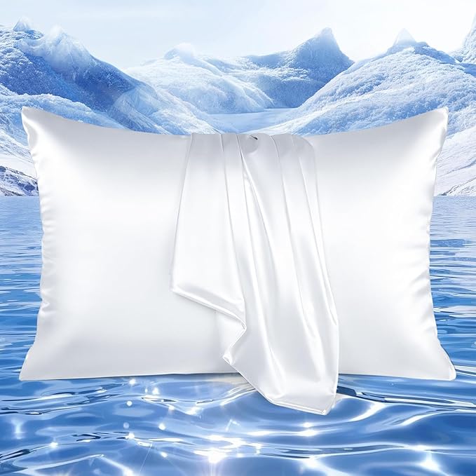 Elegear Cooling Pillow Cases for Hot Sleepers, Upgraded Arc-Chill Cooling Satin Pillowcases Q-max>0.5, Similar to Silk Pillow Cases for Hair & Skin, Luxury Zipper Pillowcase Cover Set of 2-Queen,White