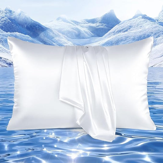 Elegear Cooling Pillow Cases for Hot Sleepers, Upgraded Arc-Chill Cooling Satin Pillowcase Q-max>0.5, Silky Satin Pillowcase for Hair & Skin, Luxury Zipper Pillowcase Cover Set of 2-Standard,White