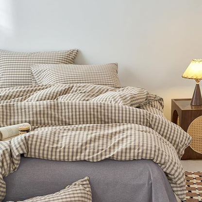 EAVD Vintage Style Grey Plaid Duvet Cover King Soft 100% Washed Cotton Chic Grey Checkered Gingham Bedding Set with 2 Pillowcases Farmhouse Gingham Duvet Cover with Zipper Closure