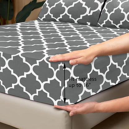 Mejoroom King Bed Sheet Set - Super Soft Brushed Microfiber 1800 Thread Count Sheets with 15 inch Deep Pocket - Wrinkle Free - 4 Piece (King, Grey Quatrefoil with White Pattern)