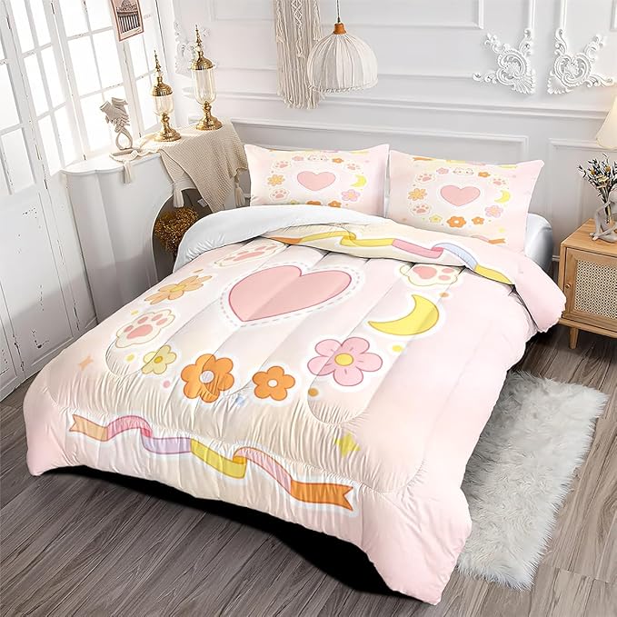 Kids Pink Cute Cat Paw Comforter Set Queen Size, 3Pcs Dorm Cat Animal Bedding Sets for Girls, 100% Washed Microfiber, Includes 1 Heart Comforter 90"x90" and 2 Pillowcases