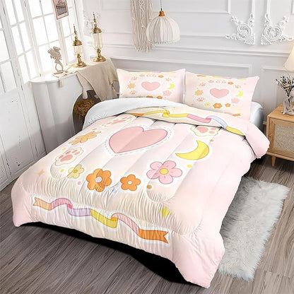 Kids Girls Pink 7-Piece Cat Paw Comforter Sets, Cute Cartoon Heart Flowers Bedding Set Queen Size, Includes 1 Comforter 90"x90", 2 Pillowcases, 1 Fitted Sheet, 1 Flat Sheet, 2 Pillow Shams