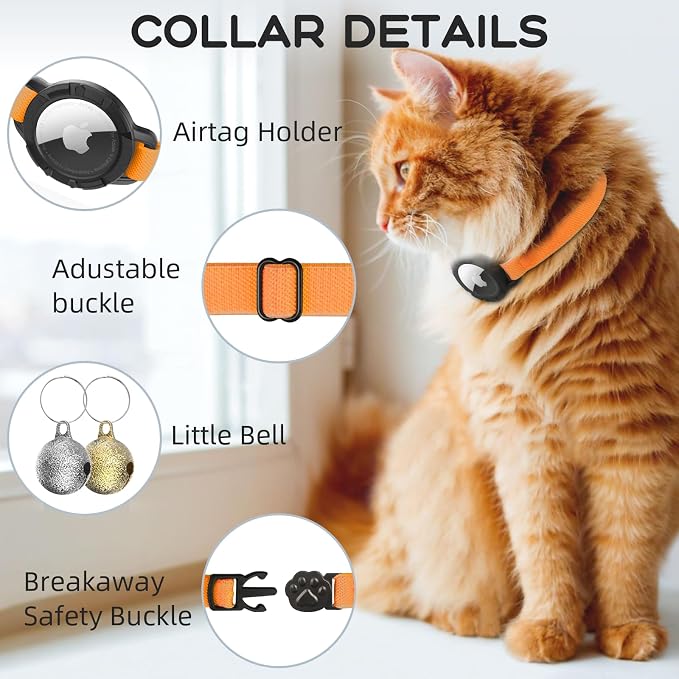 AirTag Cat Collars, Stretchy Collar with AirTag Holder and Bell | Breakaway - Ultra Design Elastic - GPS Tracking Collars - Adjustable Size for Cats & Puppies 7.5-12.5" - (Orange)