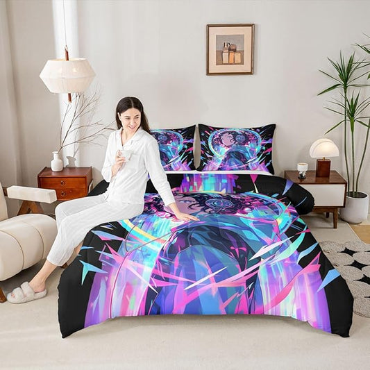Erosebridal 3D Anime Girl Bedding Comforter Sets American Street Culture Comforter Set King for Teens Youth Girls Watercolor Graffiti Style Bedding Galaxy Stars Print Duvet Set with 2 Pillow Cases