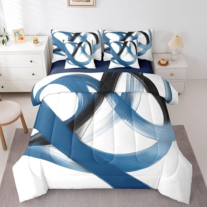 Erosebridal Abstract Navy Blue 7 Piece Comforter Set Queen Bed in A Bag Geometric Minimalist Lines Bedding Set Modern Ink Painting Stripes Quilt Simple Aesthetic Fashion Neutral Sheet Set for Men