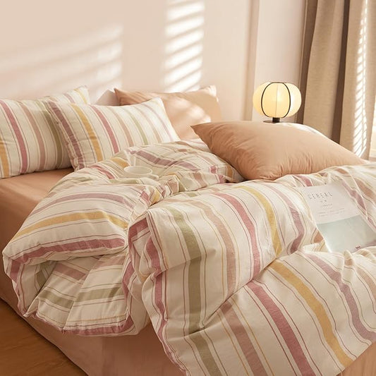 mixinni Vintage Striped Duvet Cover Set Twin, 3-Piece Washed Cotton Bedding Set - Soft, Breathable & Colorful Marble Stripe Pattern, All-Season Comforter Cover with Zipper-Twin Size